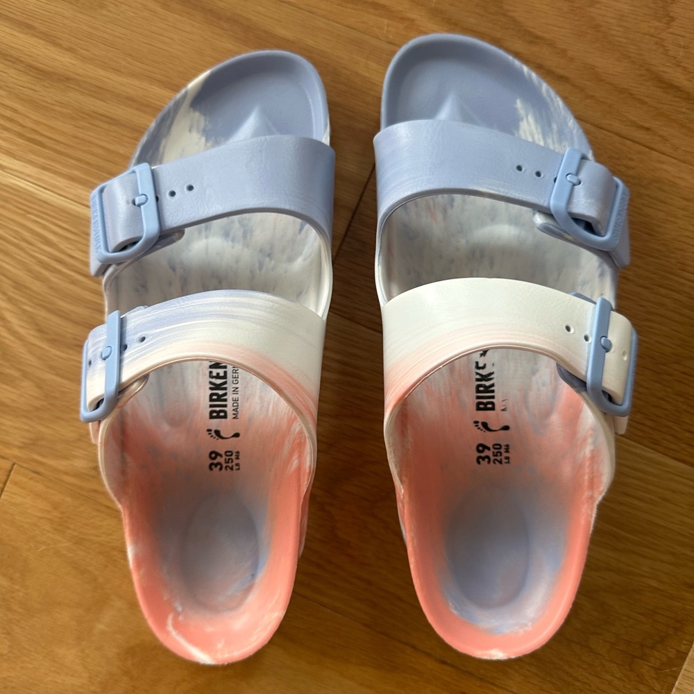 Birkenstock Arizona Sandals EVA Tie Dye Blue Pink and White Size 39 8 8.5